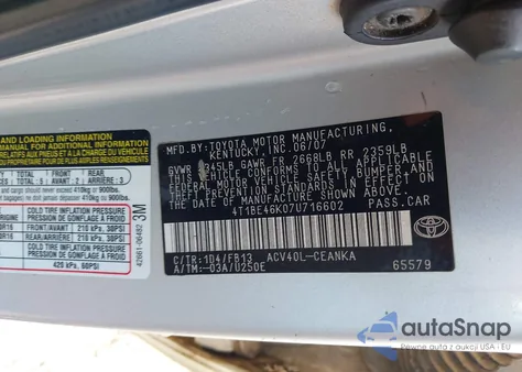 2007 Toyota Camry Le from USA, damaged, VIN 4T1BE46K07U716602
